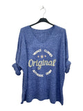 VM36 Denim Blue Vintage Graphic V-Neck Top