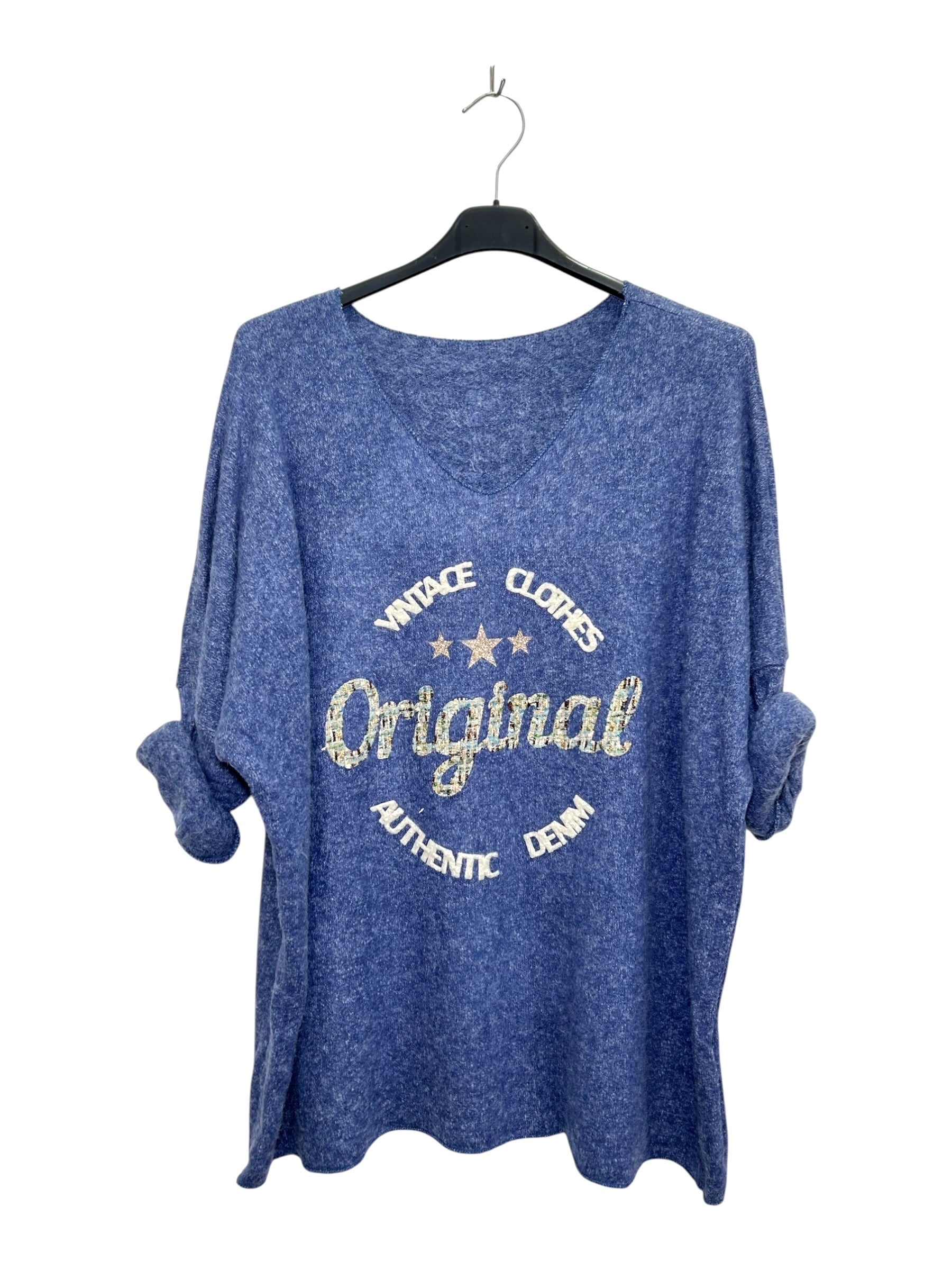 VM36 Denim Blue Vintage Graphic V-Neck Top