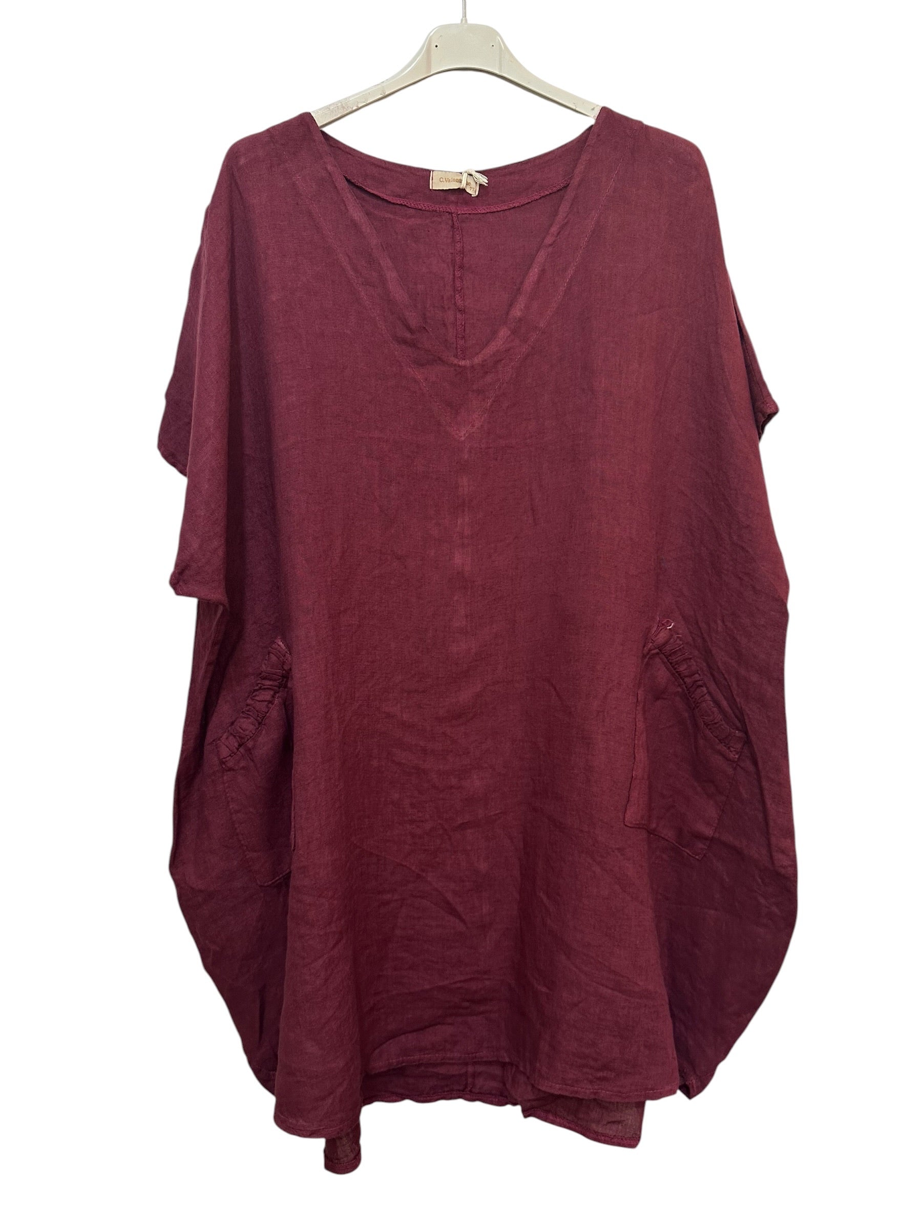 VC2820BUR Oversized Linen Tunic Dress Burgundy