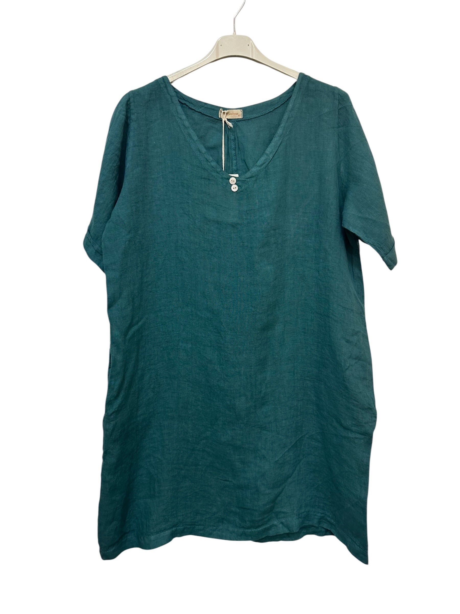 VC0147PET Linen V-Neck Tunic Dress Petrol Blue