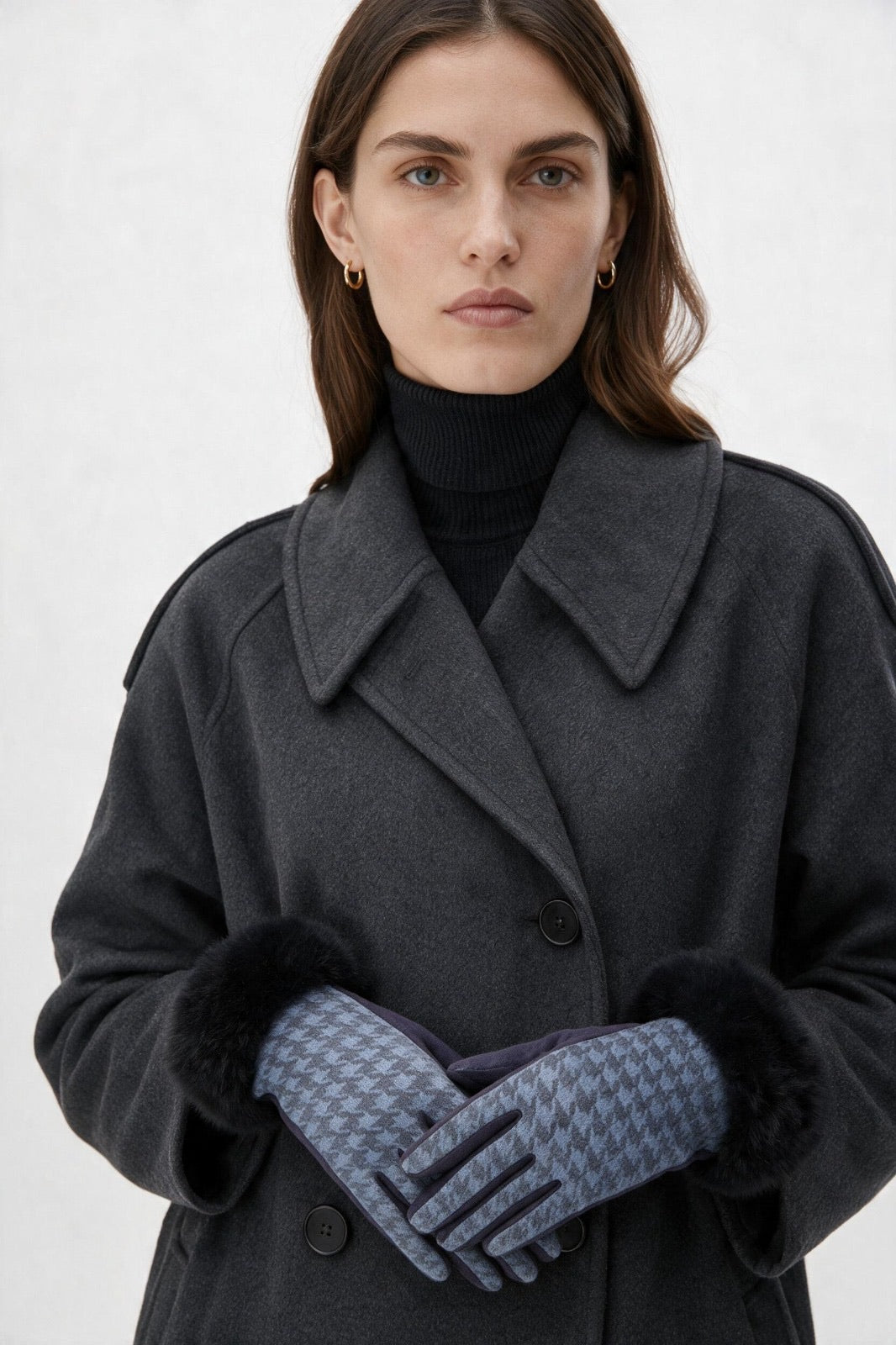 JA399 Blue Houndstooth Fur Gloves