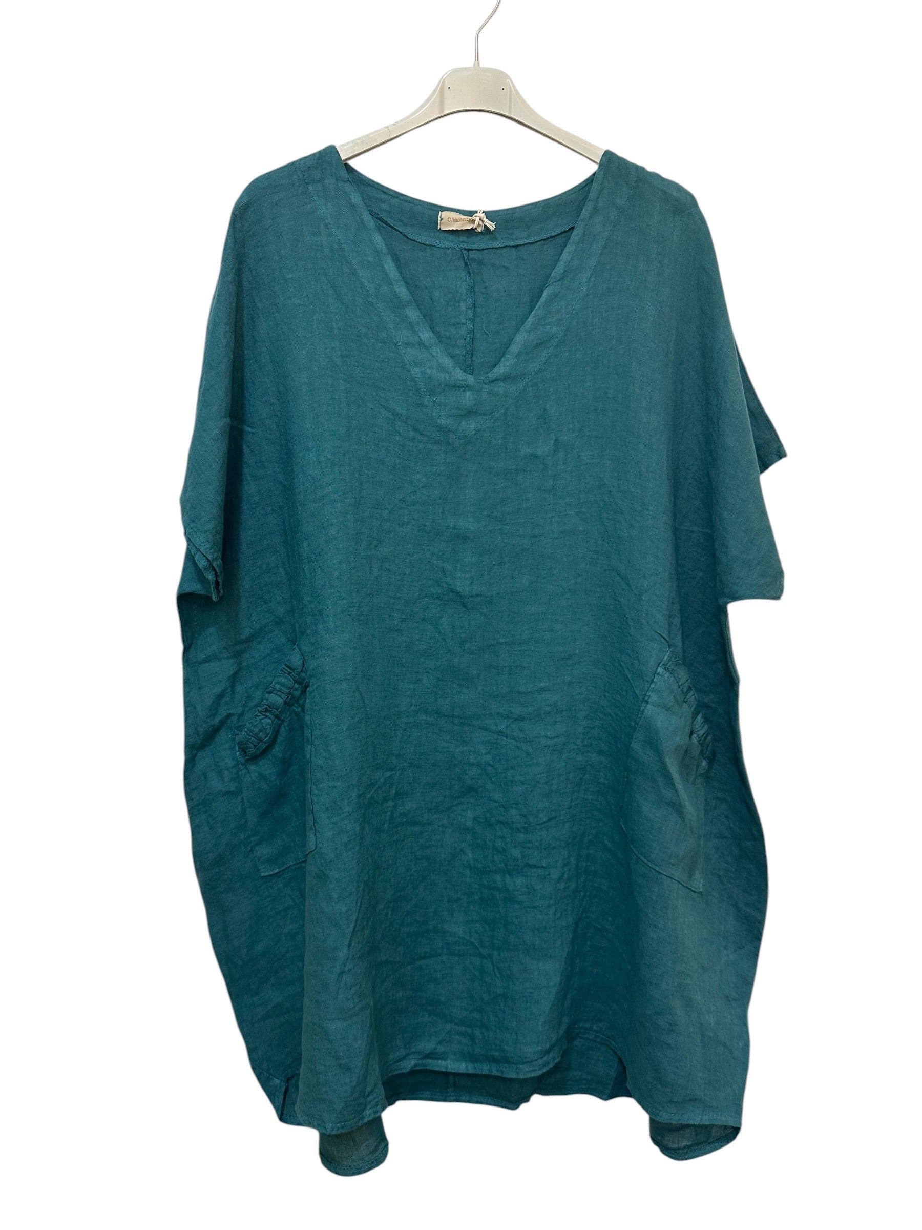 VC2820PET Oversized Linen Tunic Dress Petrol Blue