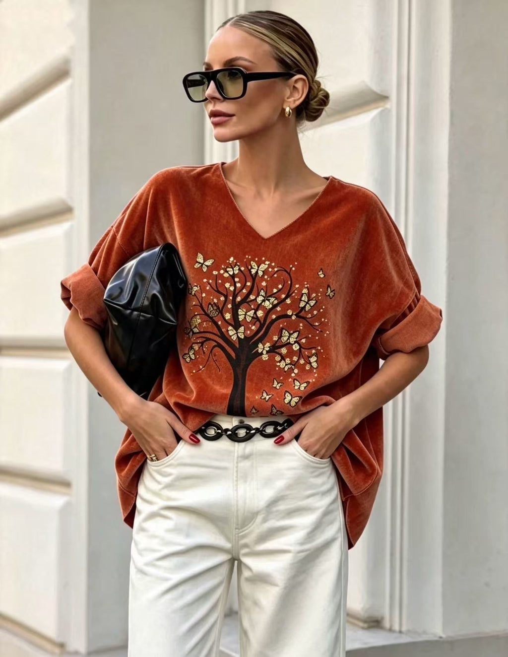 VM1 Brick Rust Tree Print V-Neck Velvet Top