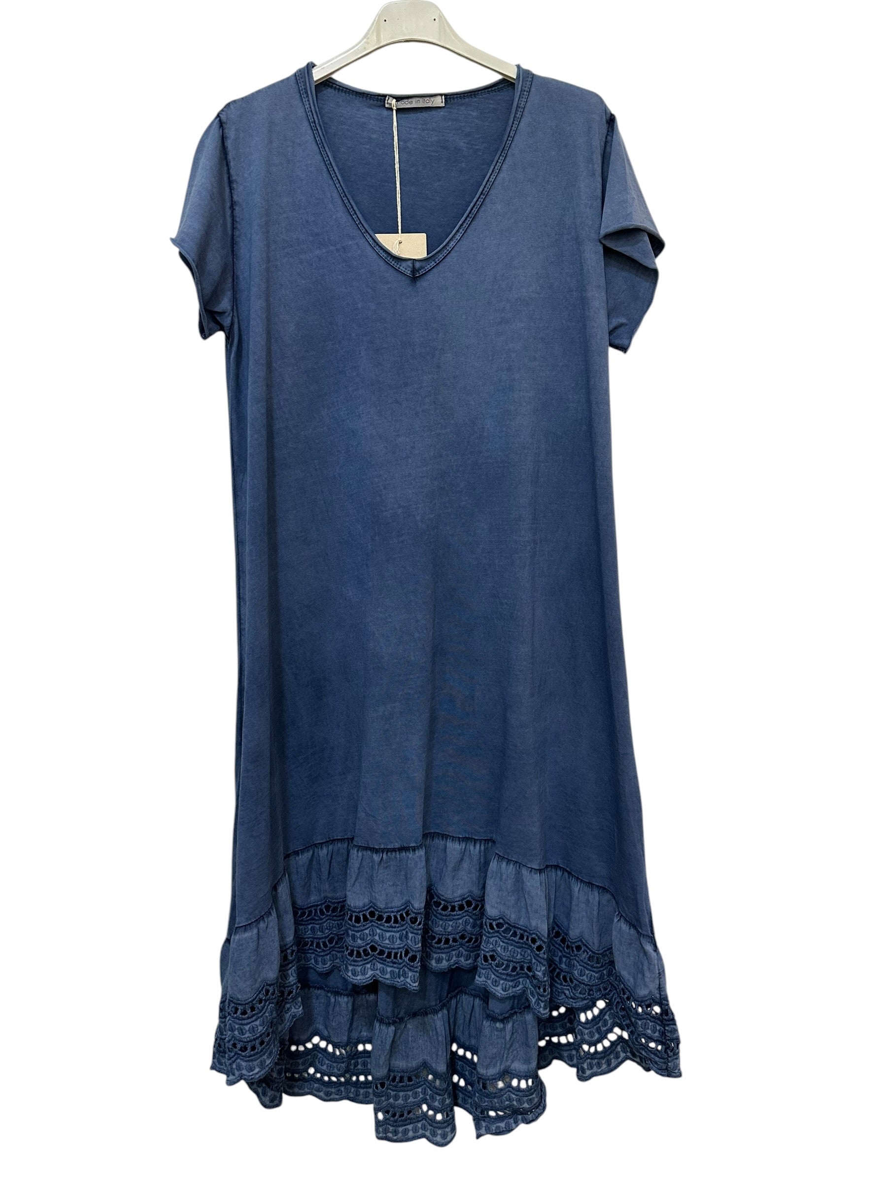 VC2525NAV Washed Cotton Lace-Hem Dress Navy