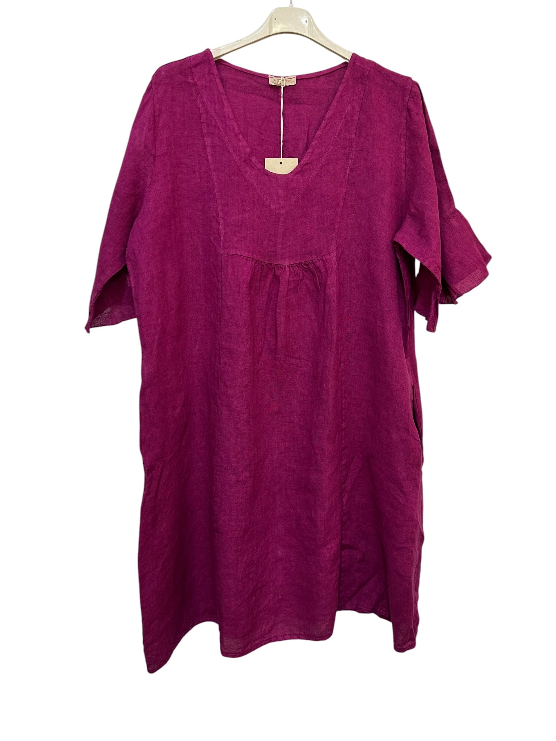 VC484PLU Linen Flutter-Sleeve Dress Plum