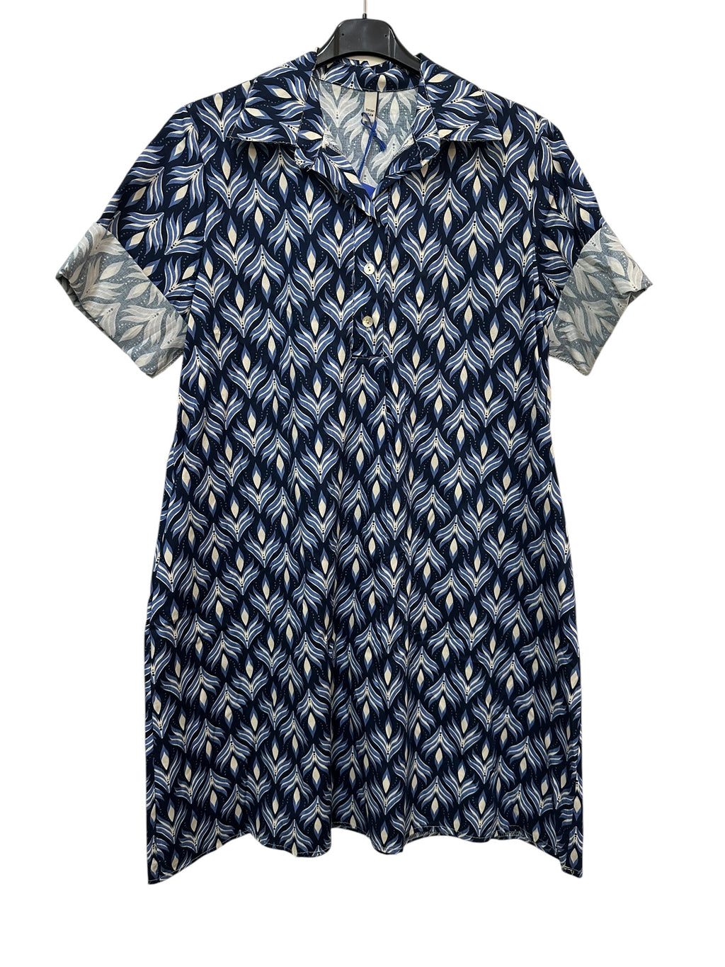 VC24002HNAV Cotton Leaf Print Shirt Dress Navy
