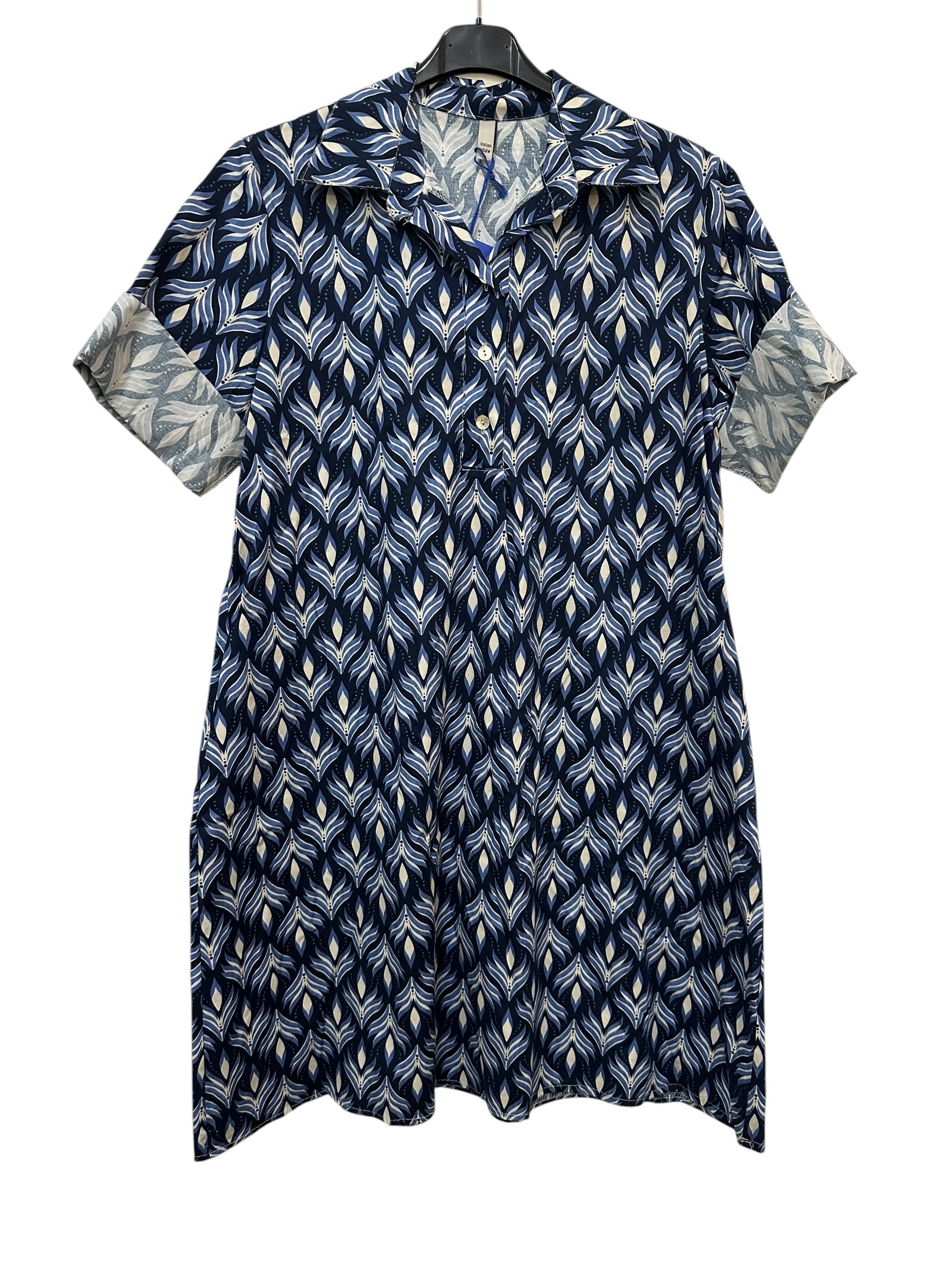 VC24002HNAV Cotton Leaf Print Shirt Dress Navy