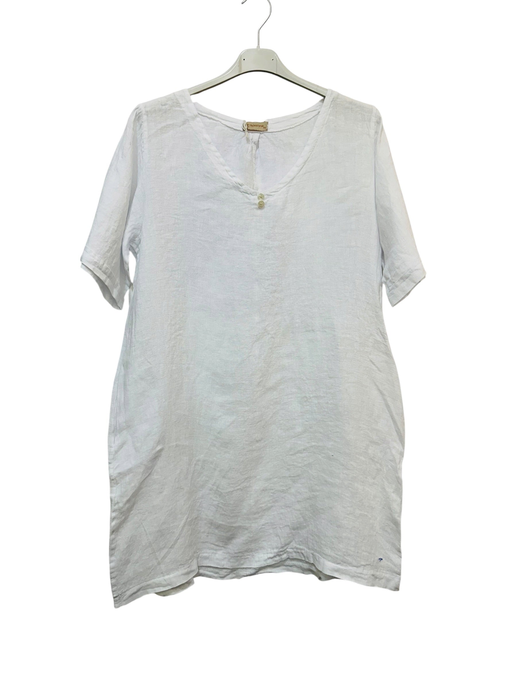 VC0147WHI Linen V-Neck Tunic Dress White
