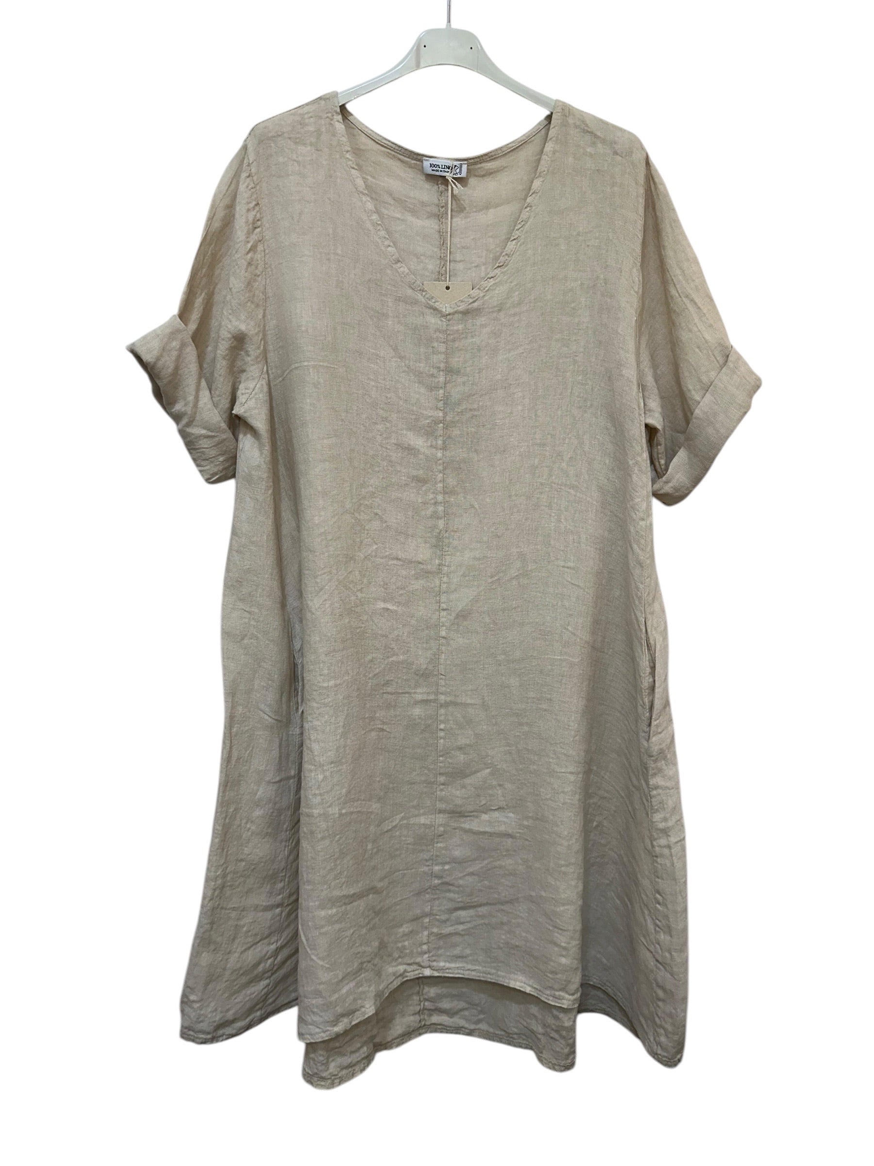 VC5394BEI Linen V-Neck Midi Dress Beige