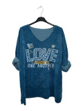 VI348 Petrol Blue V-Neck Velvet Love Print Top
