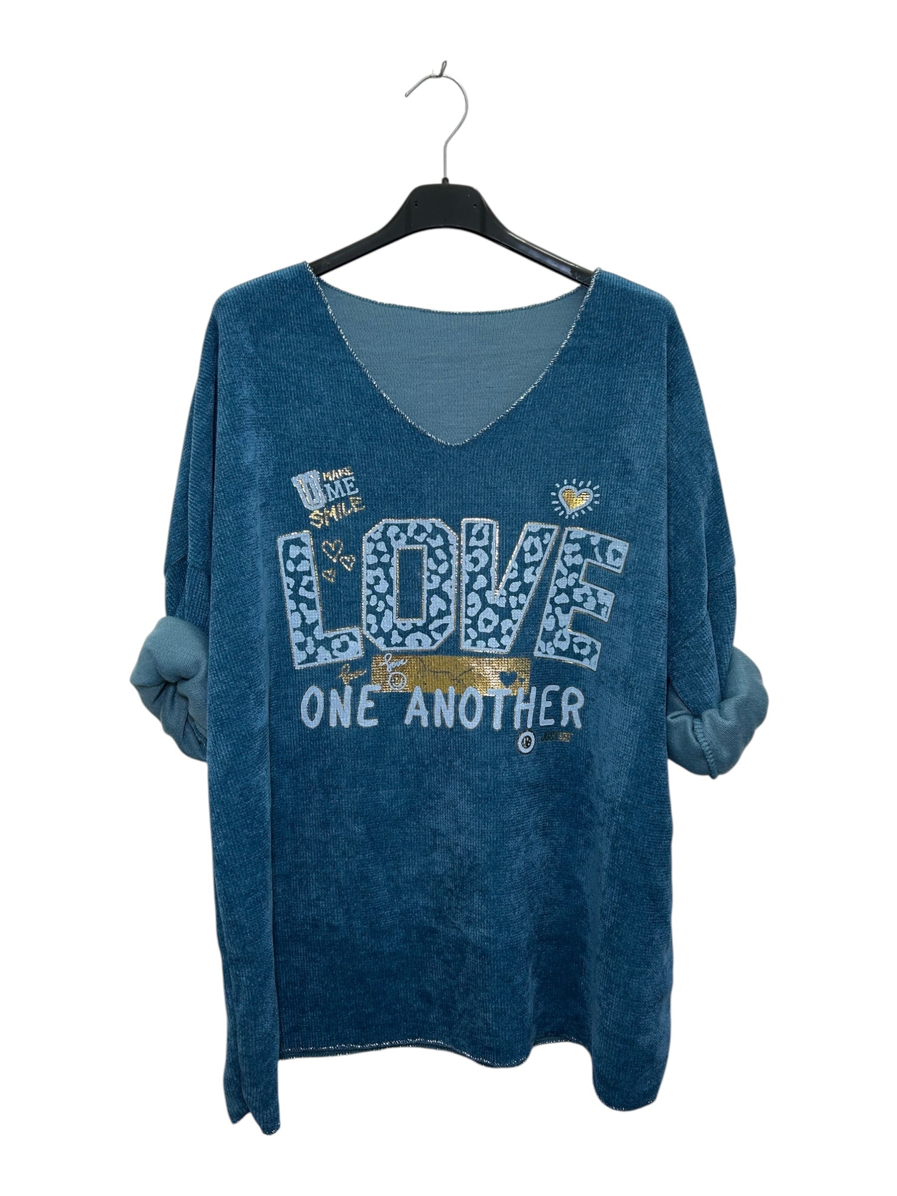 VI348 Petrol Blue V-Neck Velvet Love Print Top