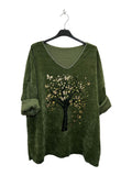 VI335 Khaki V-Neck Velvet Tree Print Top
