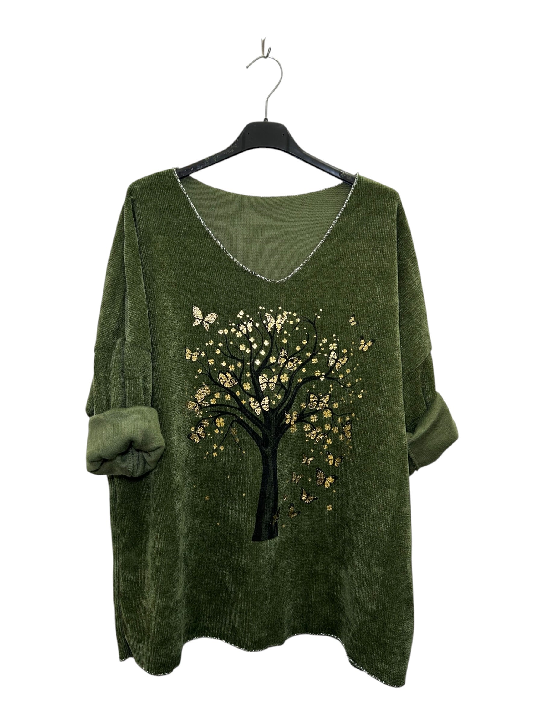 VI335 Khaki V-Neck Velvet Tree Print Top