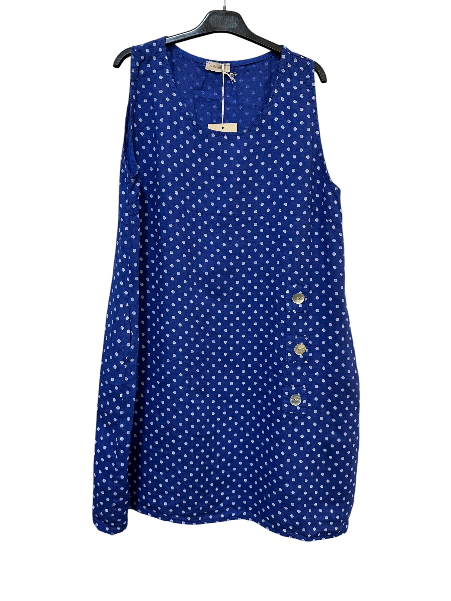 VC1302PROY Sleeveless Linen Polka Dot Dress Royal Blue
