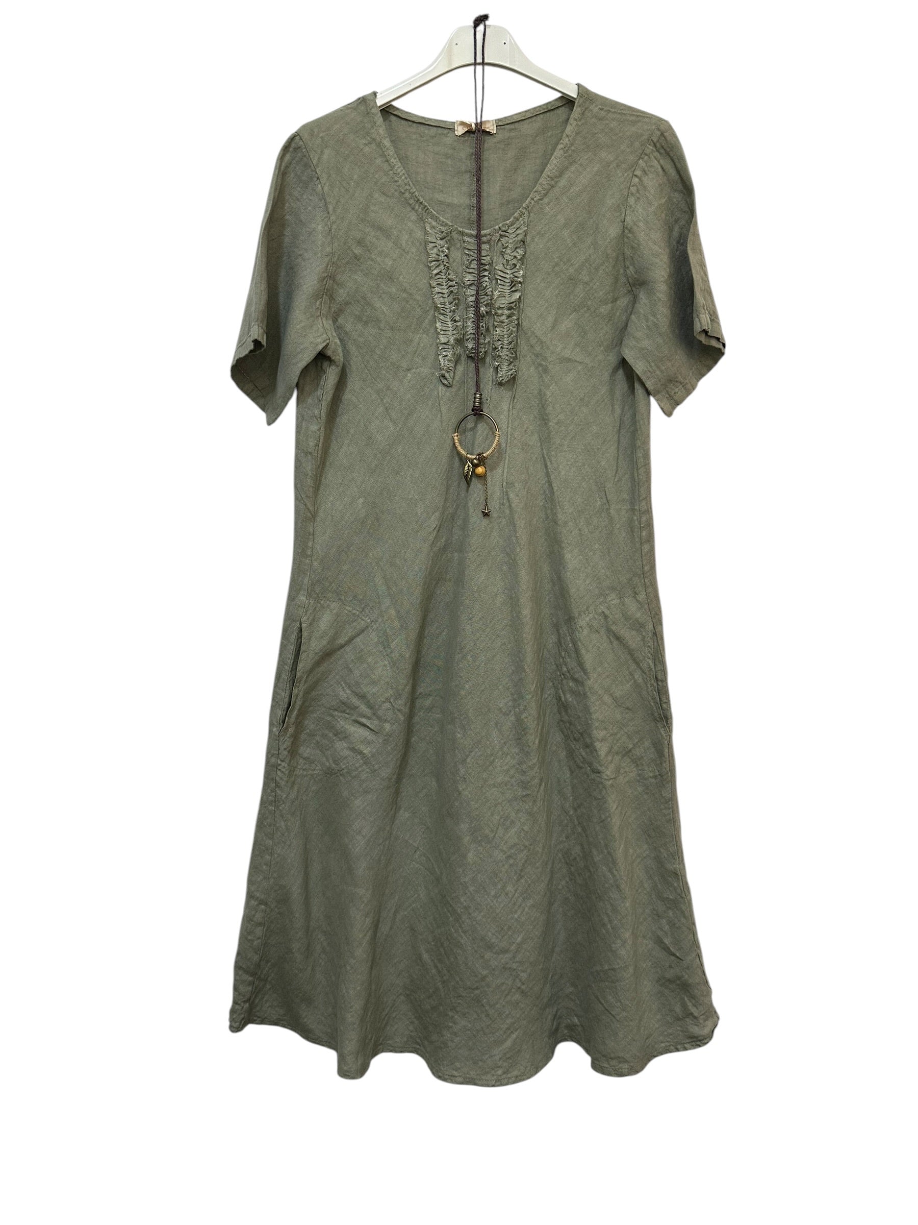 VC3996KHA Linen Round-Neck Pocket Dress Khaki