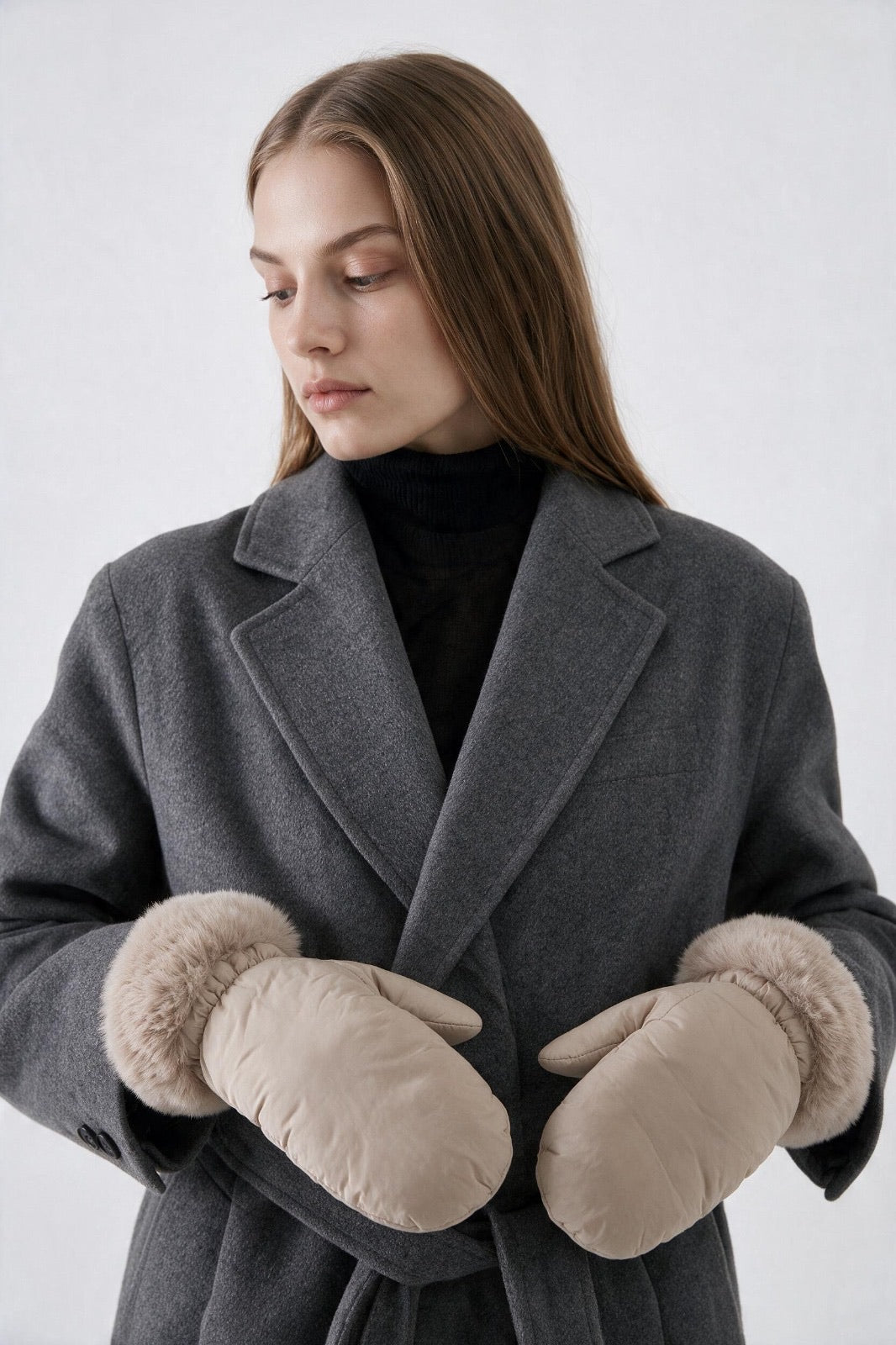JA375 Beige Fur Trim Puffer Mittens