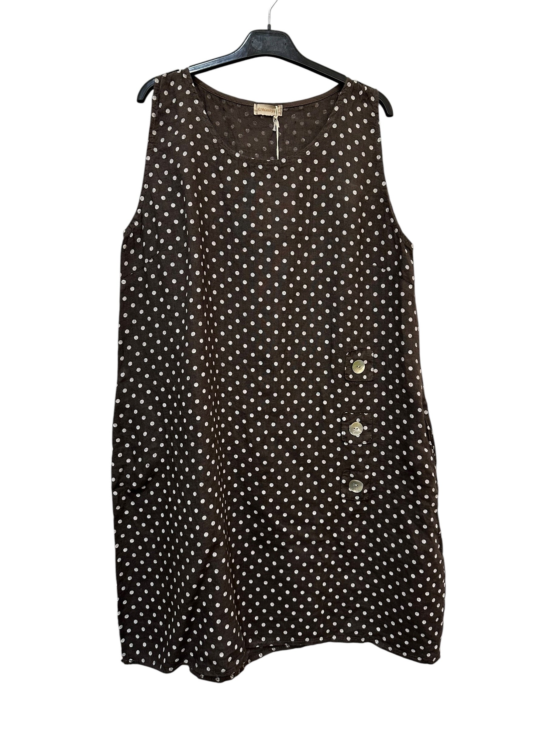 VC1302PCHO Sleeveless Linen Polka Dot Dress Chocolate