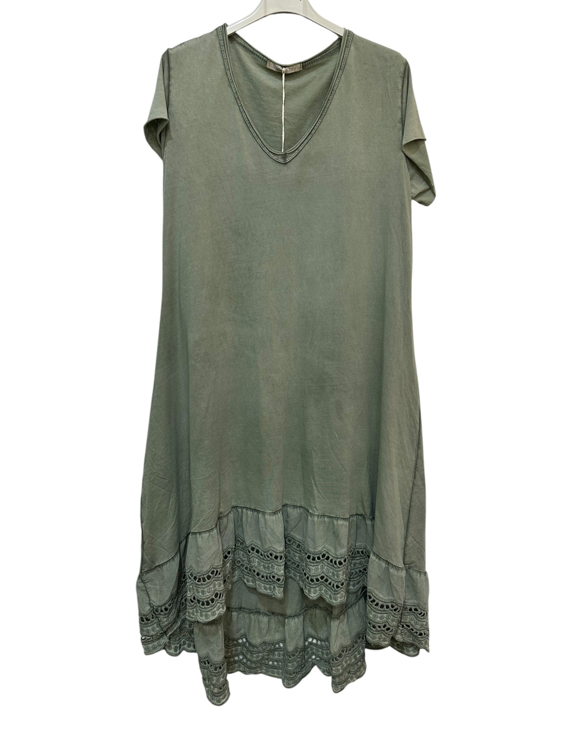 VC2525KHA Washed Cotton Lace-Hem Dress Khaki