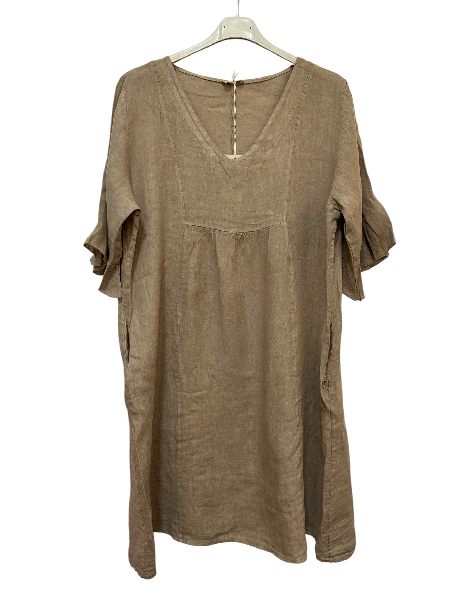 VC484CAM Linen Flutter-Sleeve Dress Camel