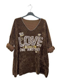 VI346 Chocolate V-Neck Velvet Love Print Top