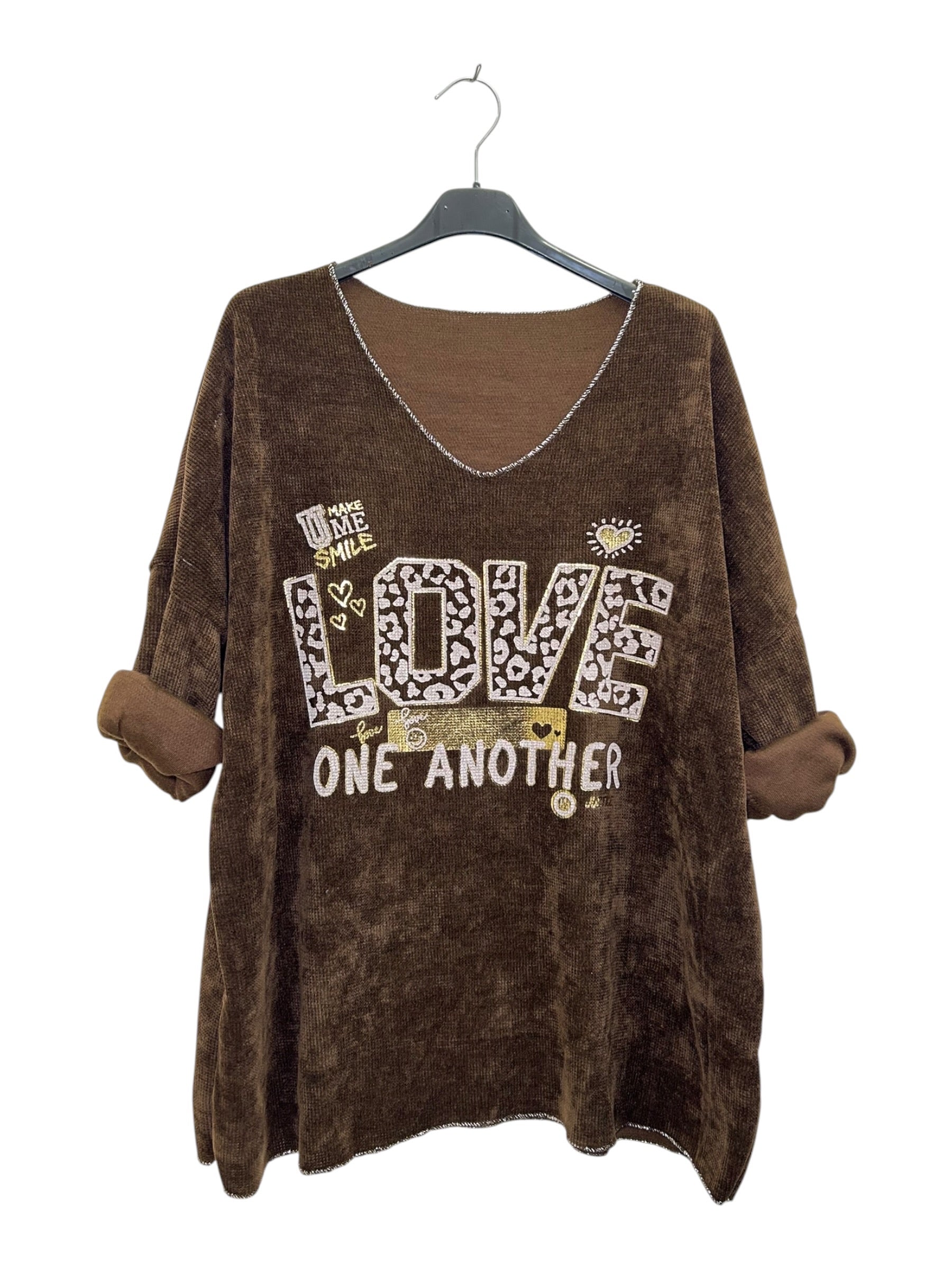 VI346 Chocolate V-Neck Velvet Love Print Top