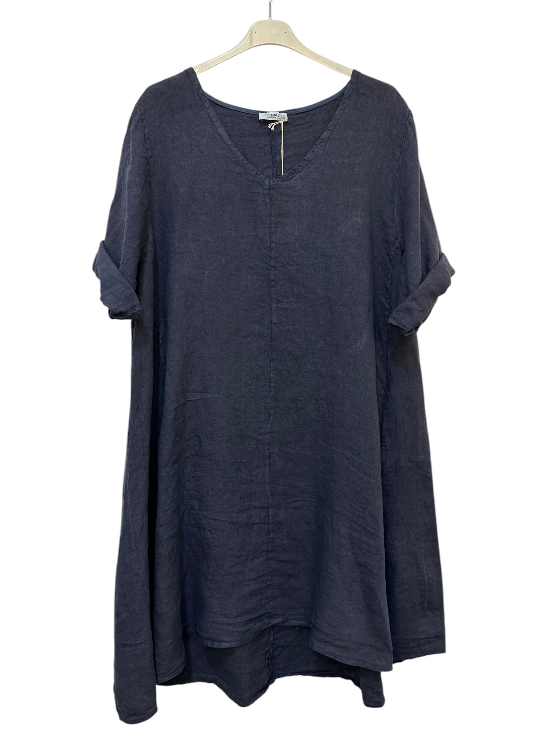 VC5394NAV Linen V-Neck Midi Dress Navy