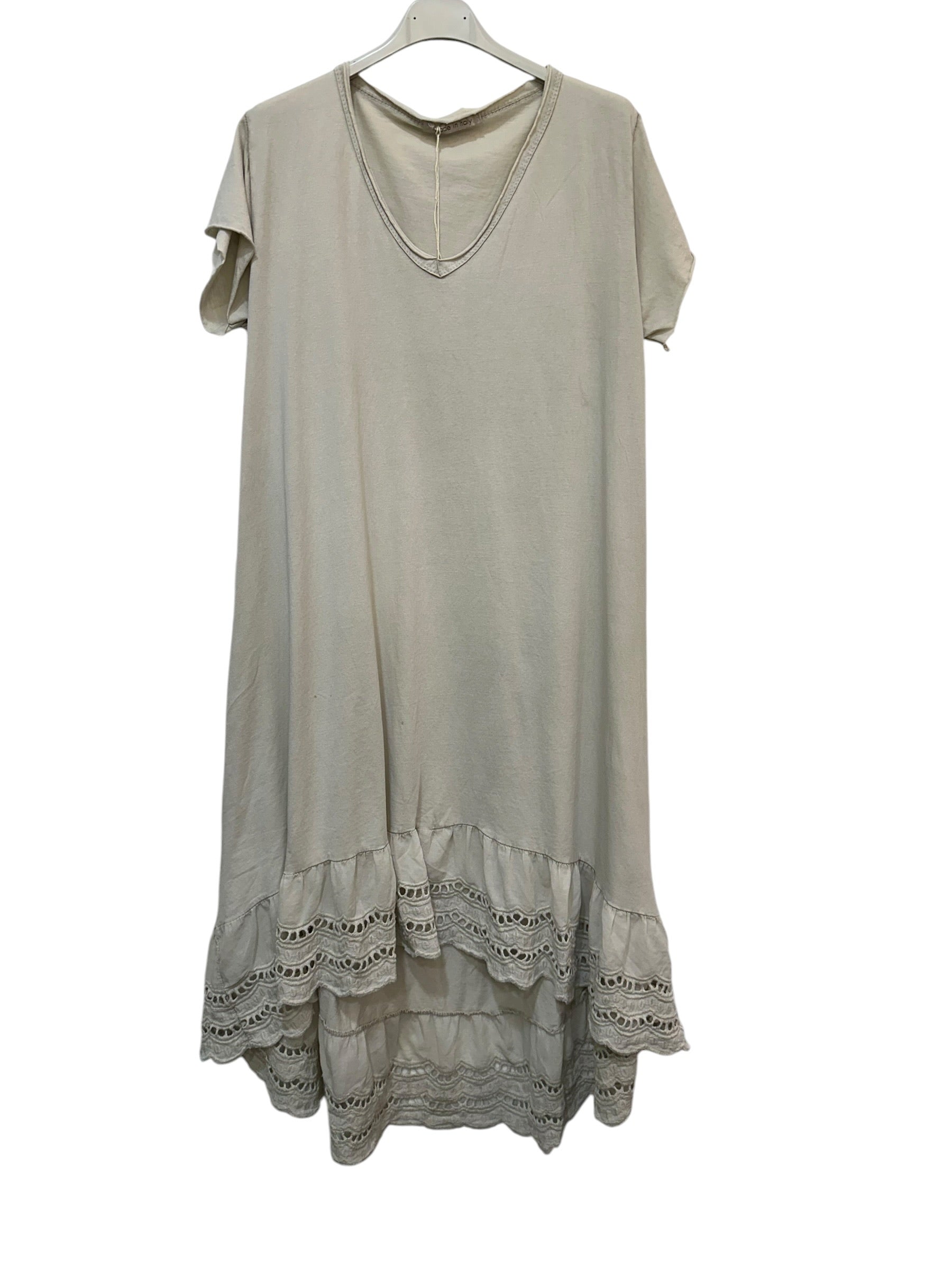VC2525BEI Washed Cotton Lace-Hem Dress Beige