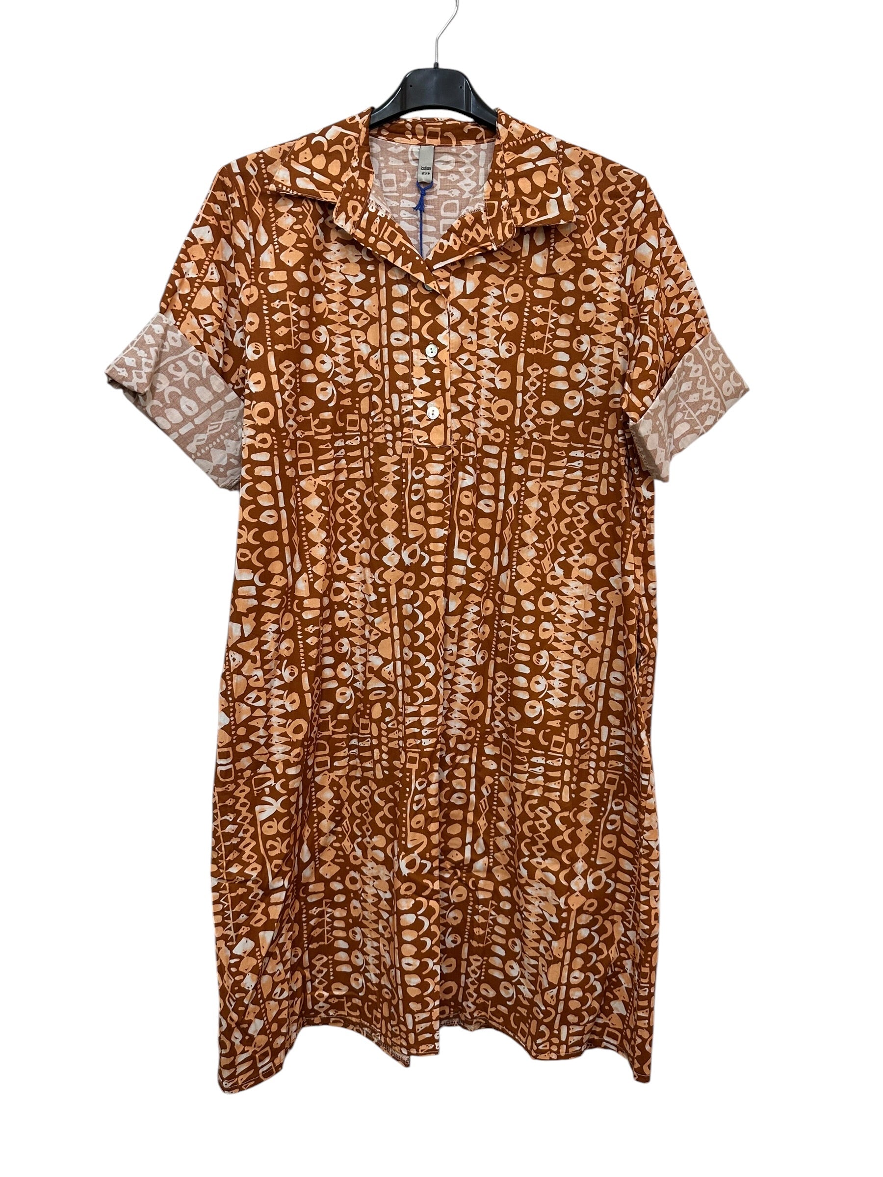 VC24002QBRI Cotton Abstract Print Shirt Dress Brick