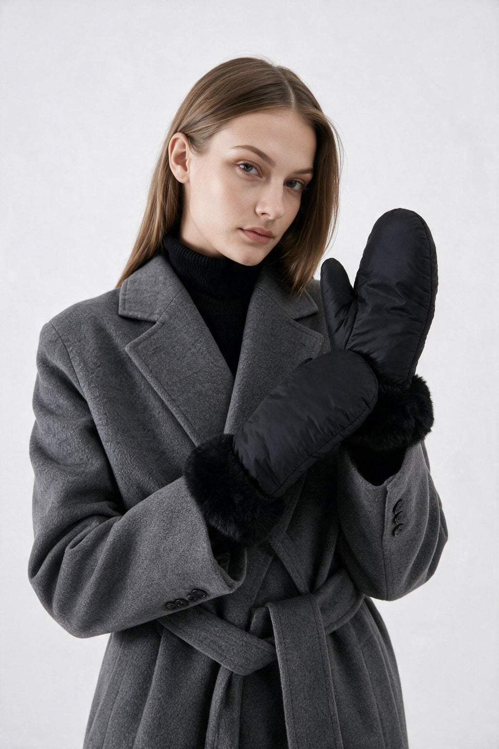 JA372 Black Fur Trim Puffer Mittens