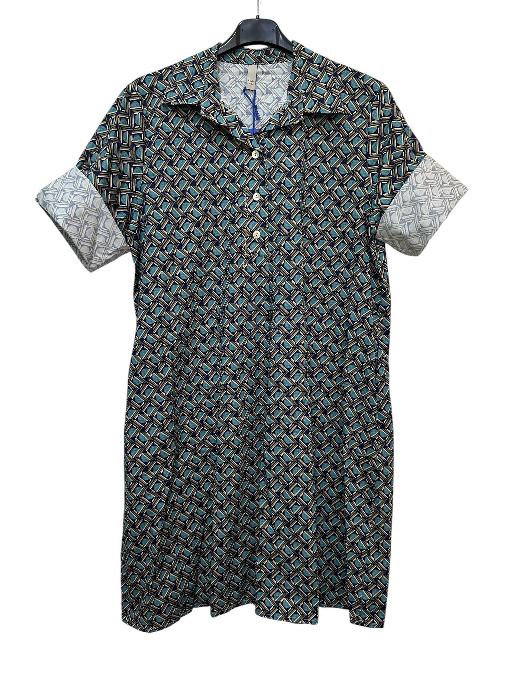 VC24002DLNAV Cotton Geometric Shirt Dress Navy