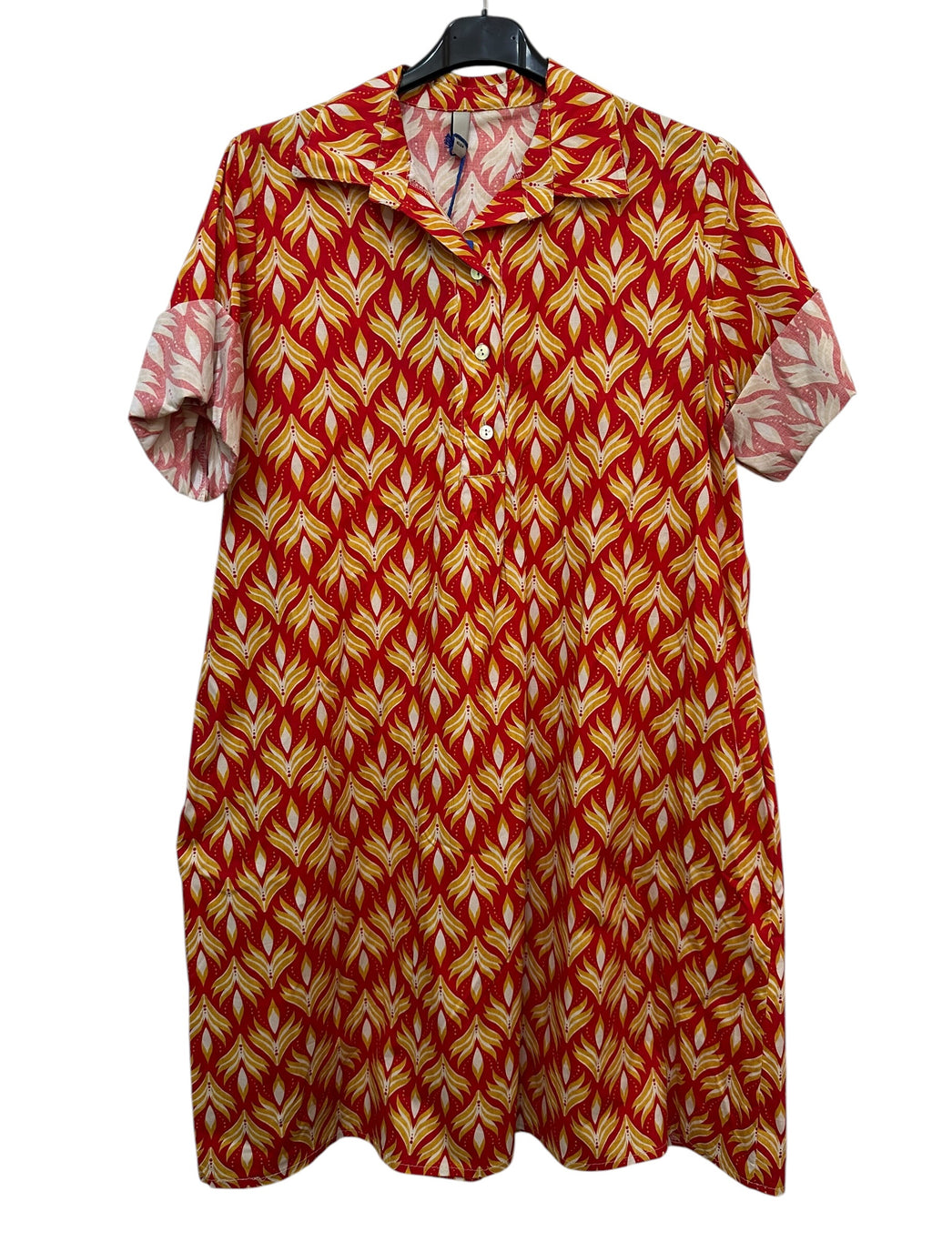 VC24002HRED Cotton Leaf Print Shirt Dress Red