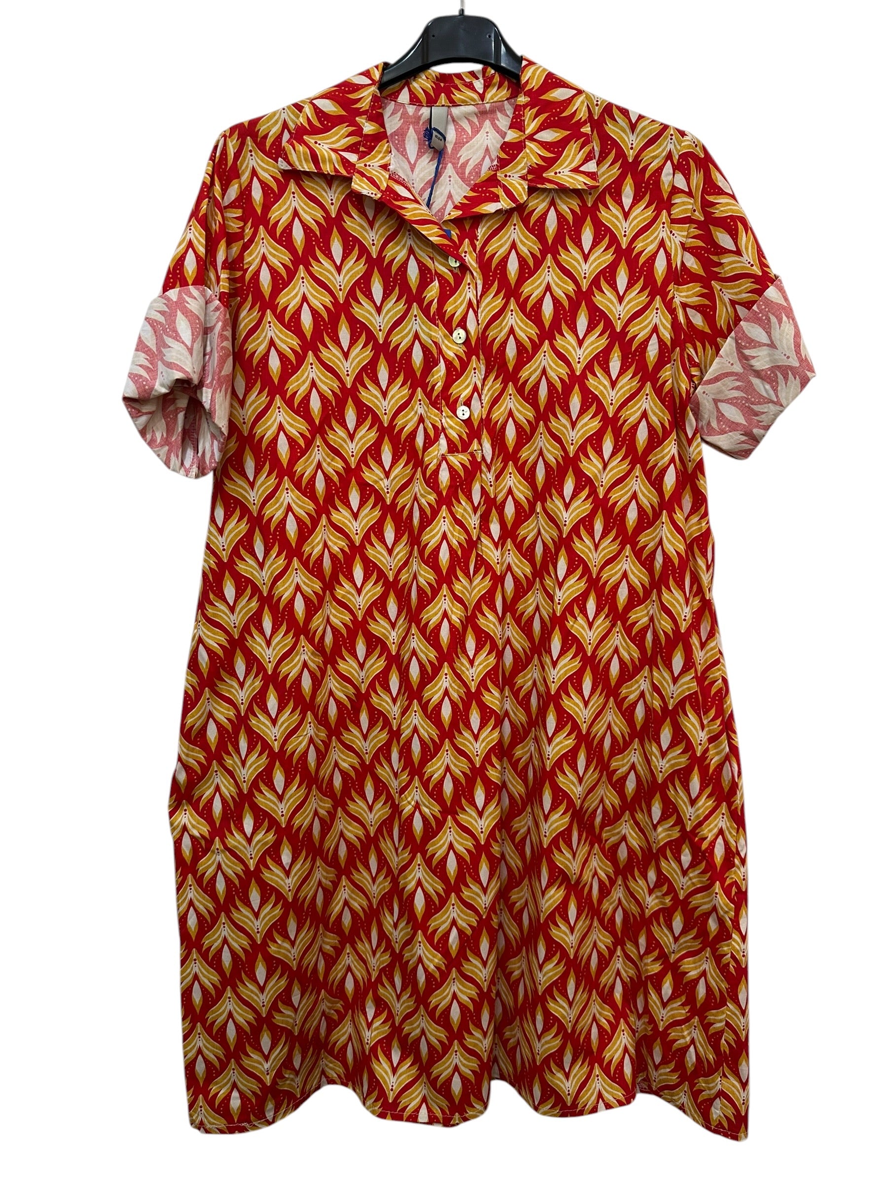 VC24002HRED Cotton Leaf Print Shirt Dress Red