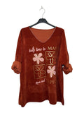 VM31 Brick Rust Floral Graphic V-Neck Velvet Top