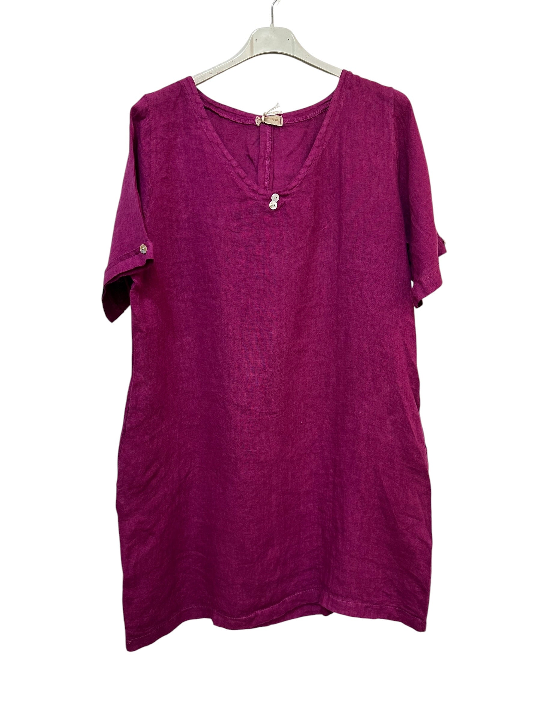 VC0147PLU Linen V-Neck Tunic Dress Plum