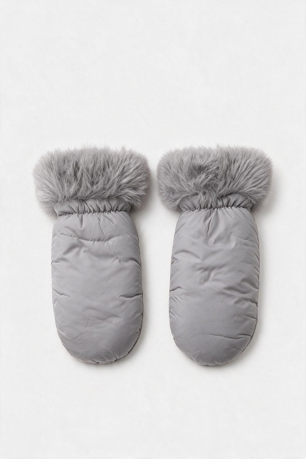 JA374 Light Grey Fur Trim Puffer Mittens