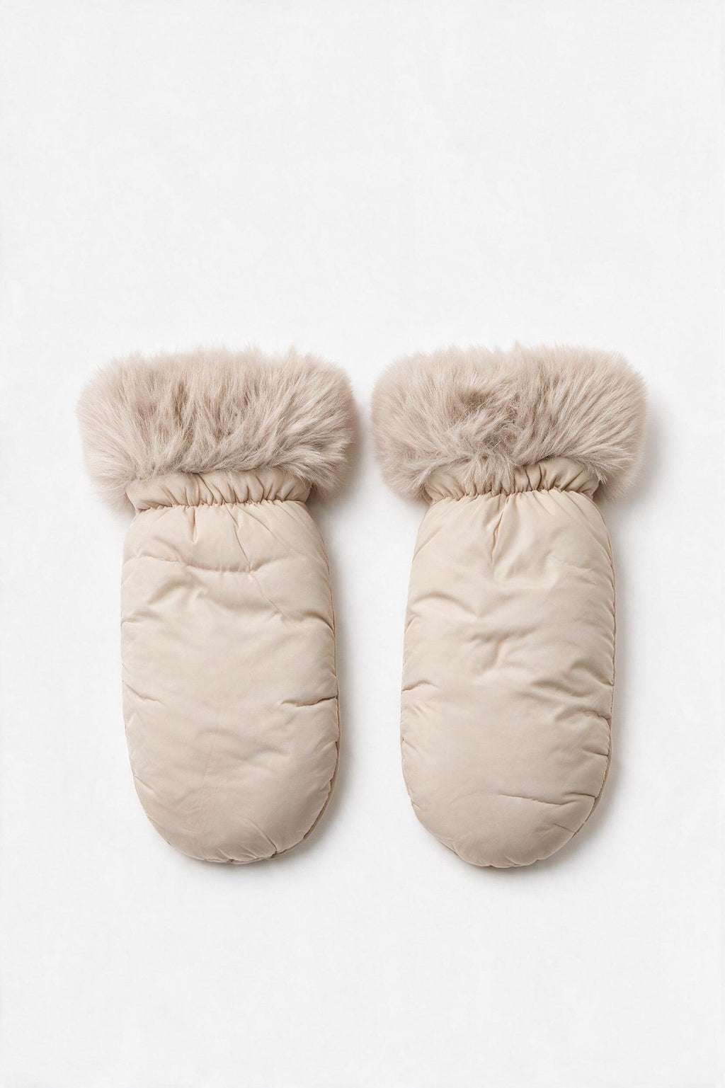 JA375 Beige Fur Trim Puffer Mittens
