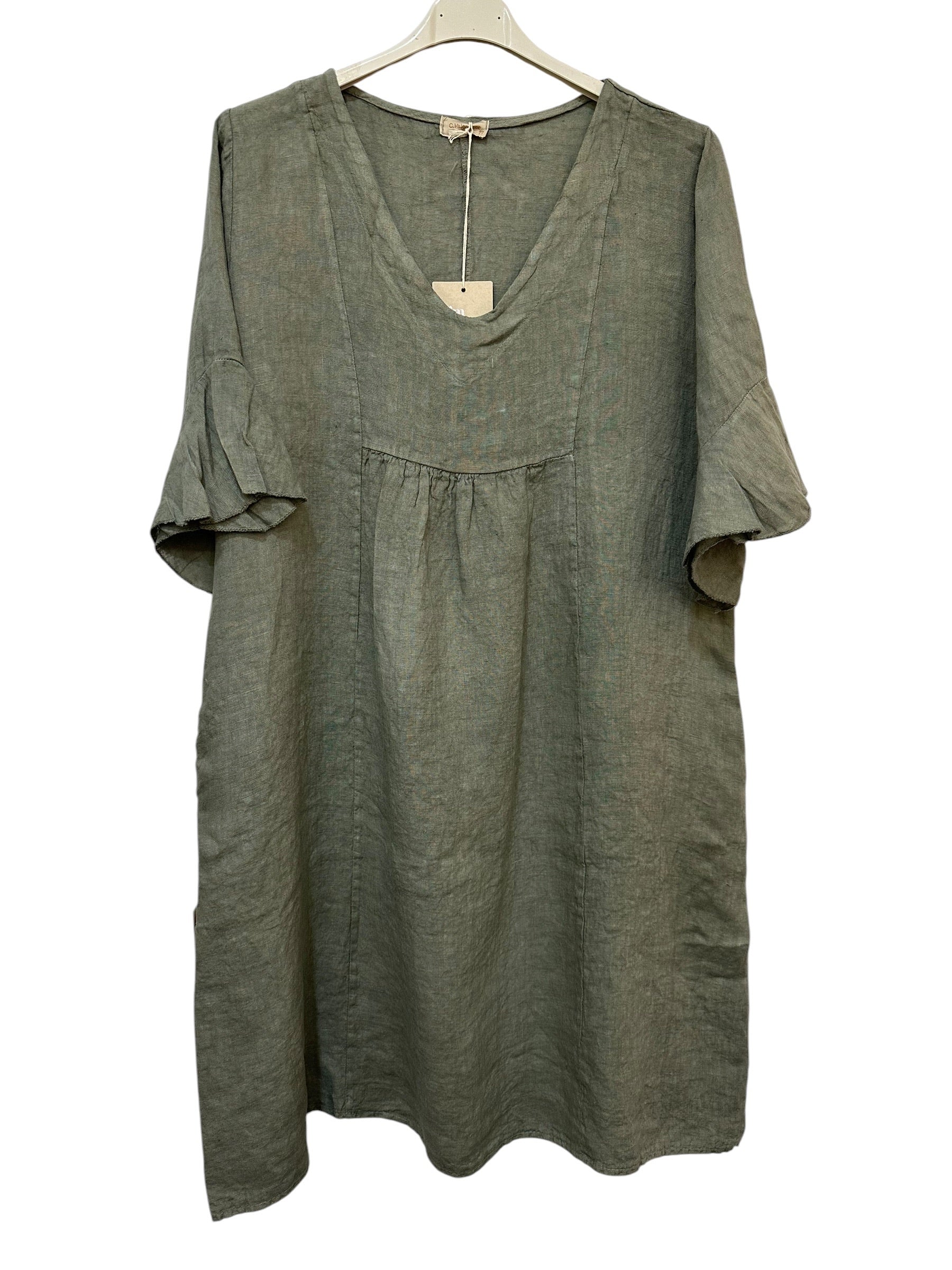 VC484KHA Linen Flutter-Sleeve Dress Khaki