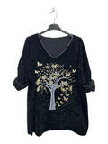 VI339 Black V-Neck Velvet Tree Print Top
