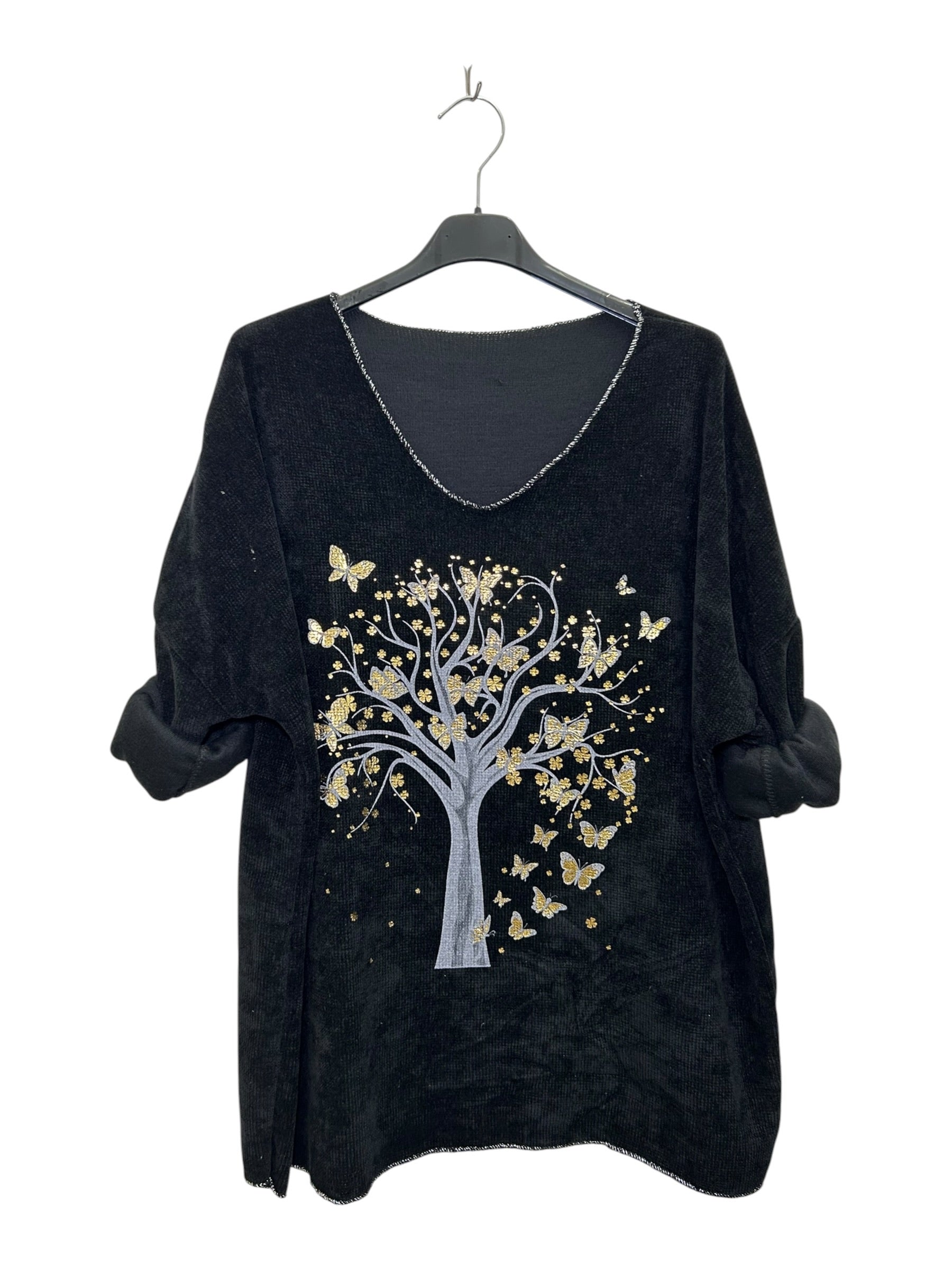 VI339 Black V-Neck Velvet Tree Print Top