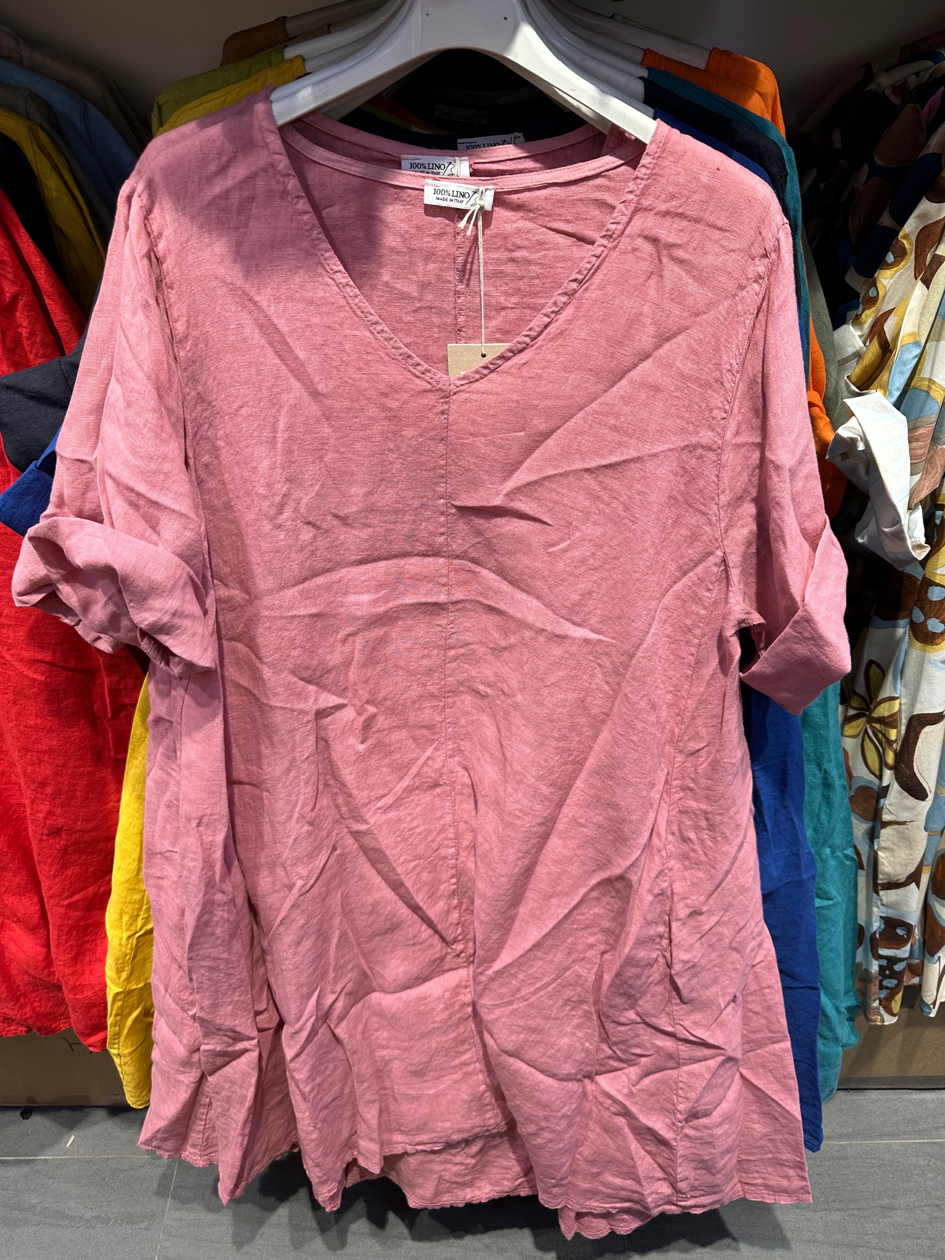 VC5394MAU Linen V-Neck Midi Dress Mauve Pink