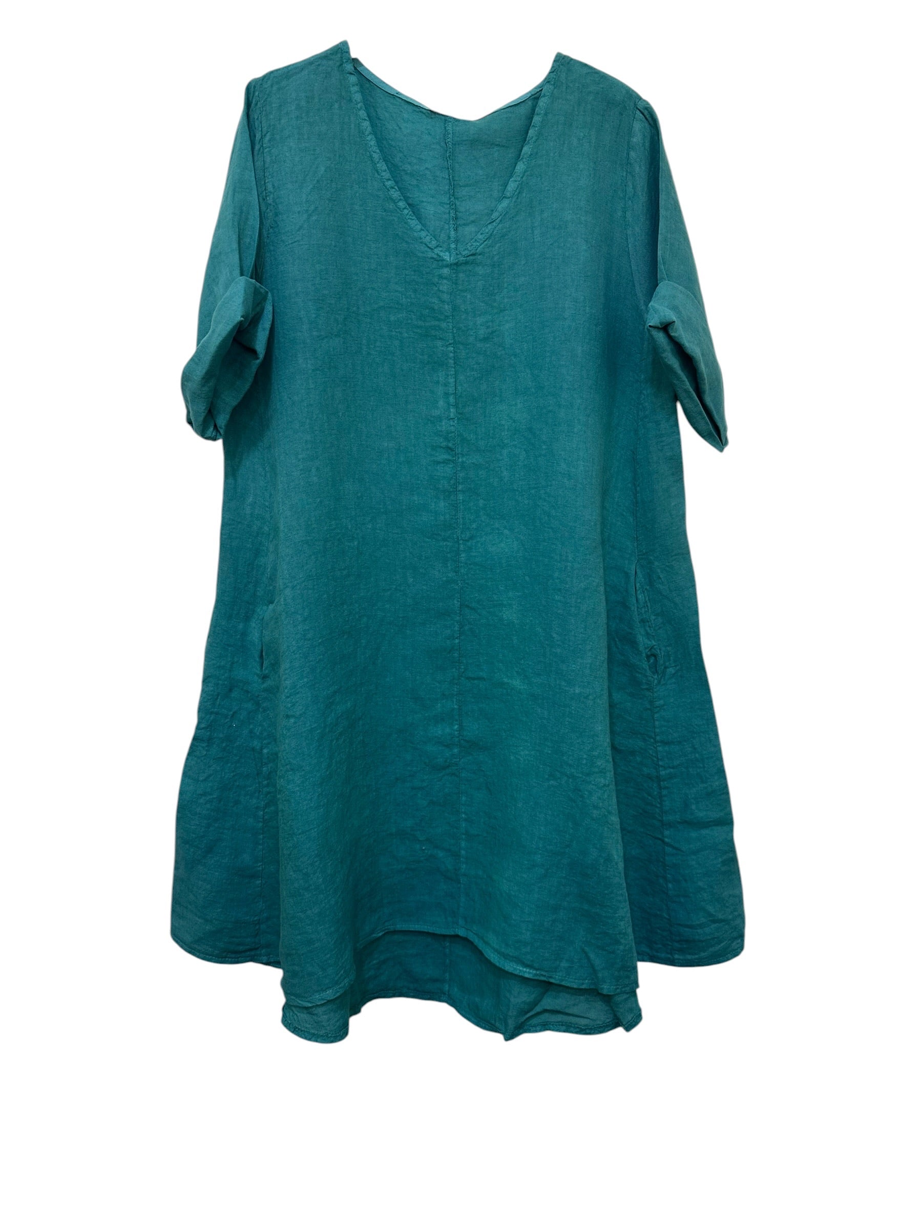 VC5394PET Linen V-Neck Midi Dress Petrol Blue