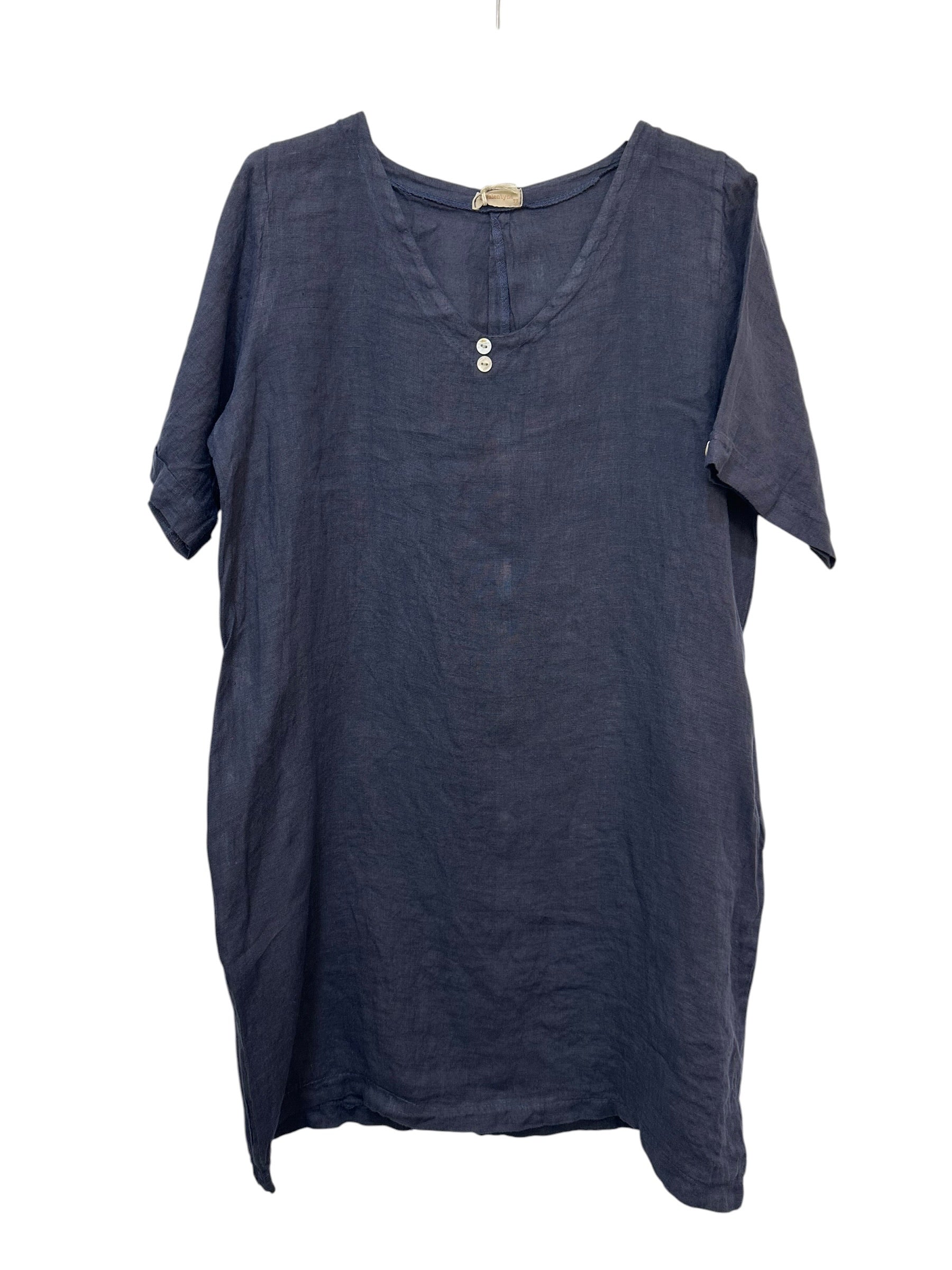 VC0147NAV Linen V-Neck Tunic Dress Navy