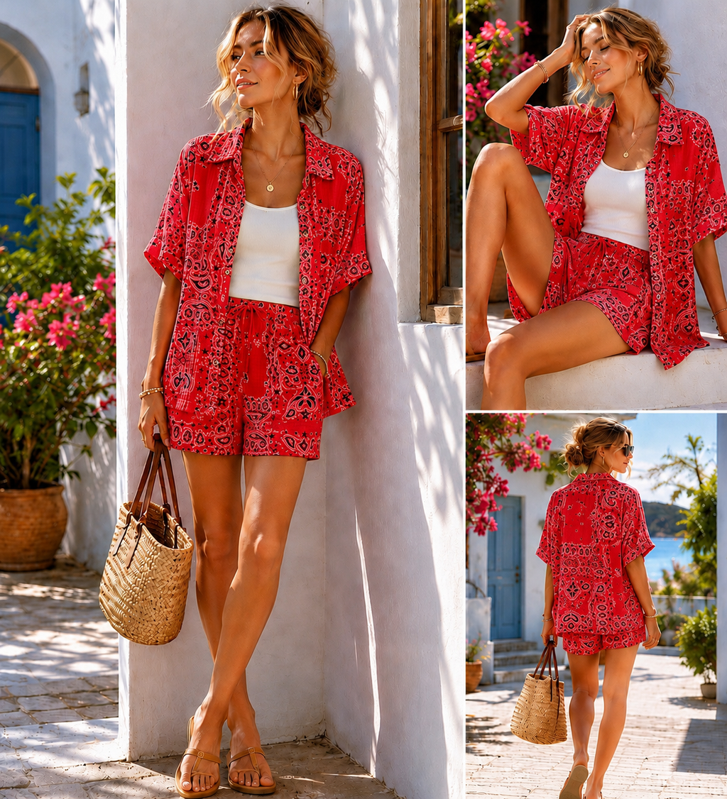 IV2526212RD Gauze Cotton Bandana Shorts Red
