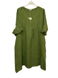 VC484OLI Linen Flutter-Sleeve Dress Olive Green