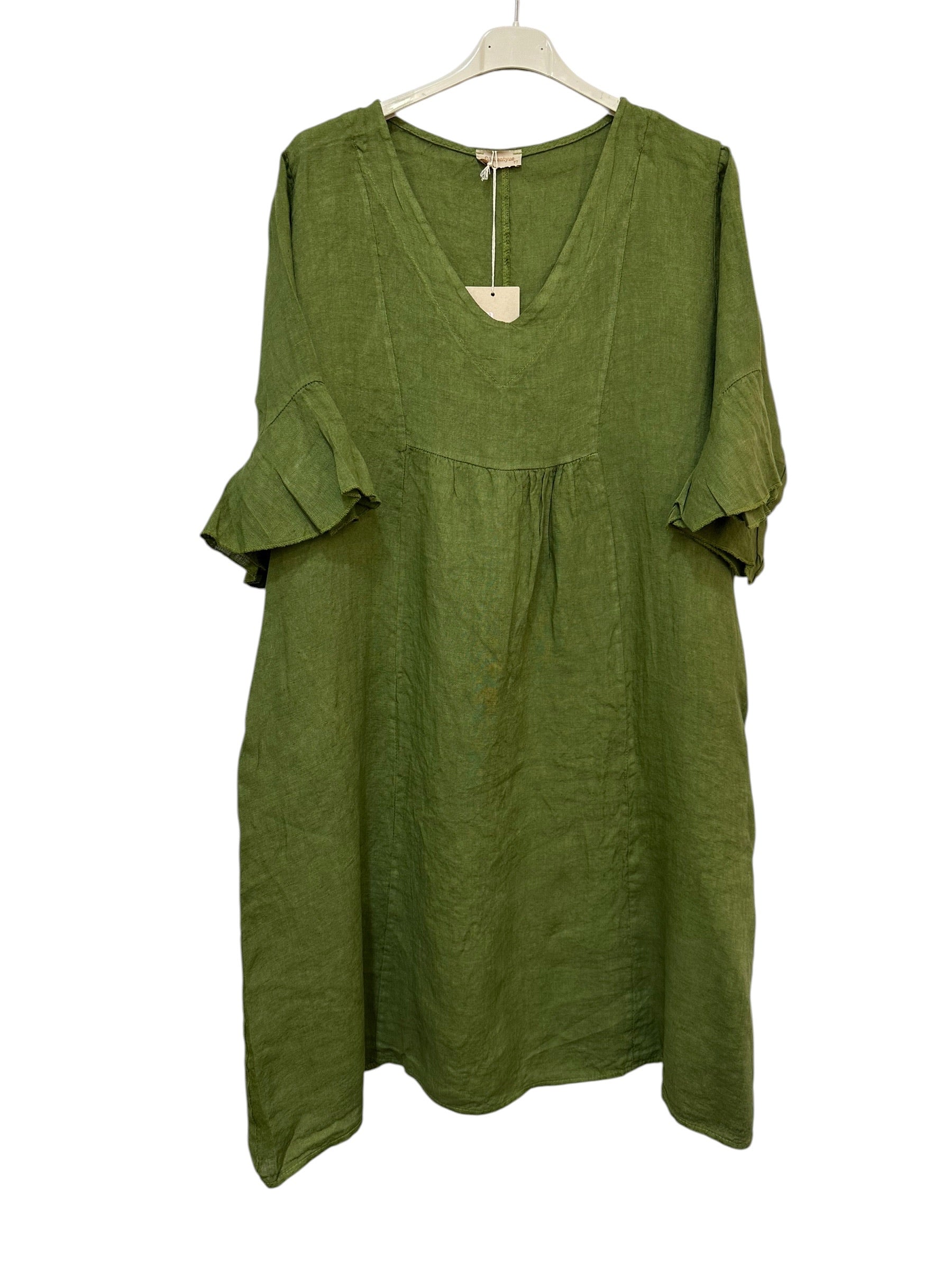 VC484OLI Linen Flutter-Sleeve Dress Olive Green