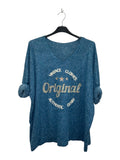 VM41 Petrol Blue Vintage Graphic V-Neck Top