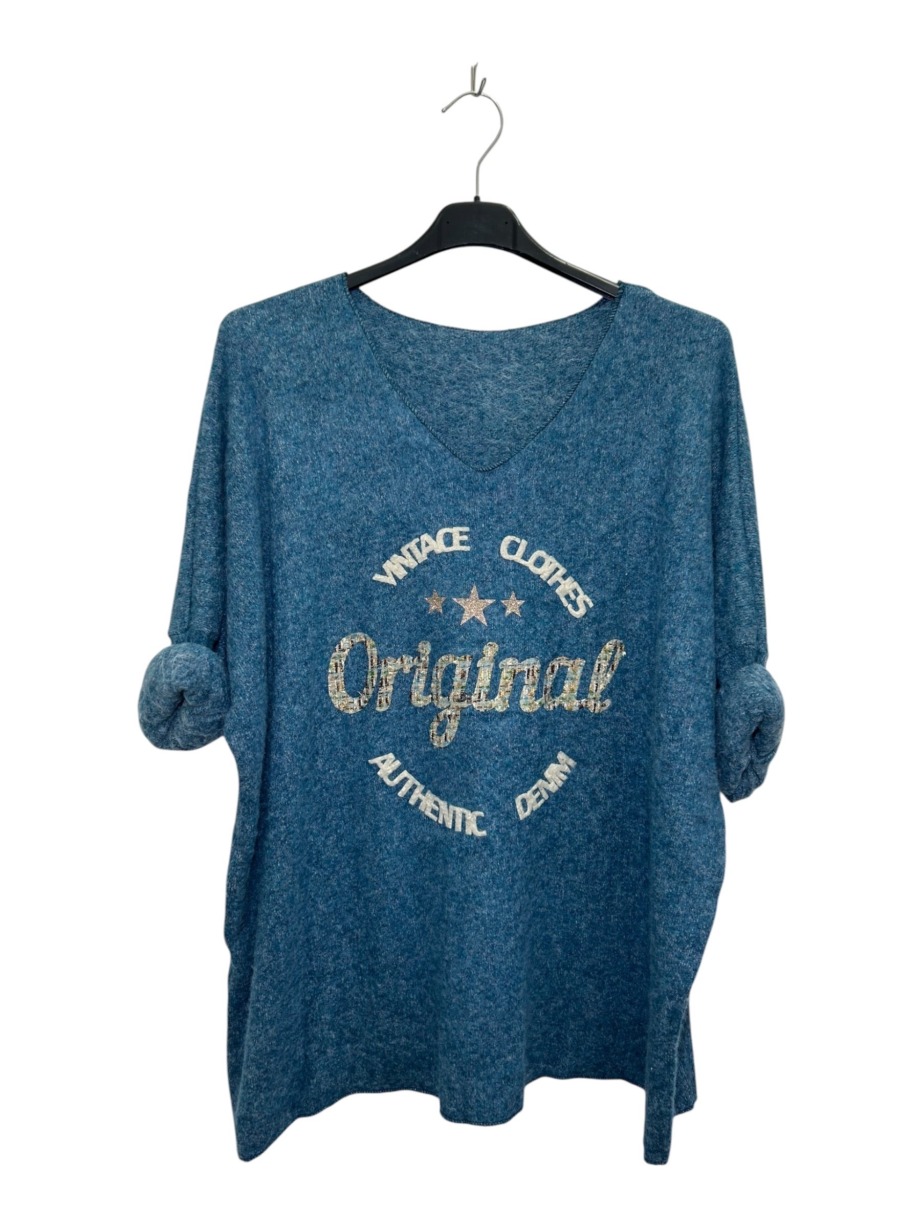 VM41 Petrol Blue Vintage Graphic V-Neck Top