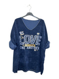 VI341 Navy V-Neck Velvet Love Print Top