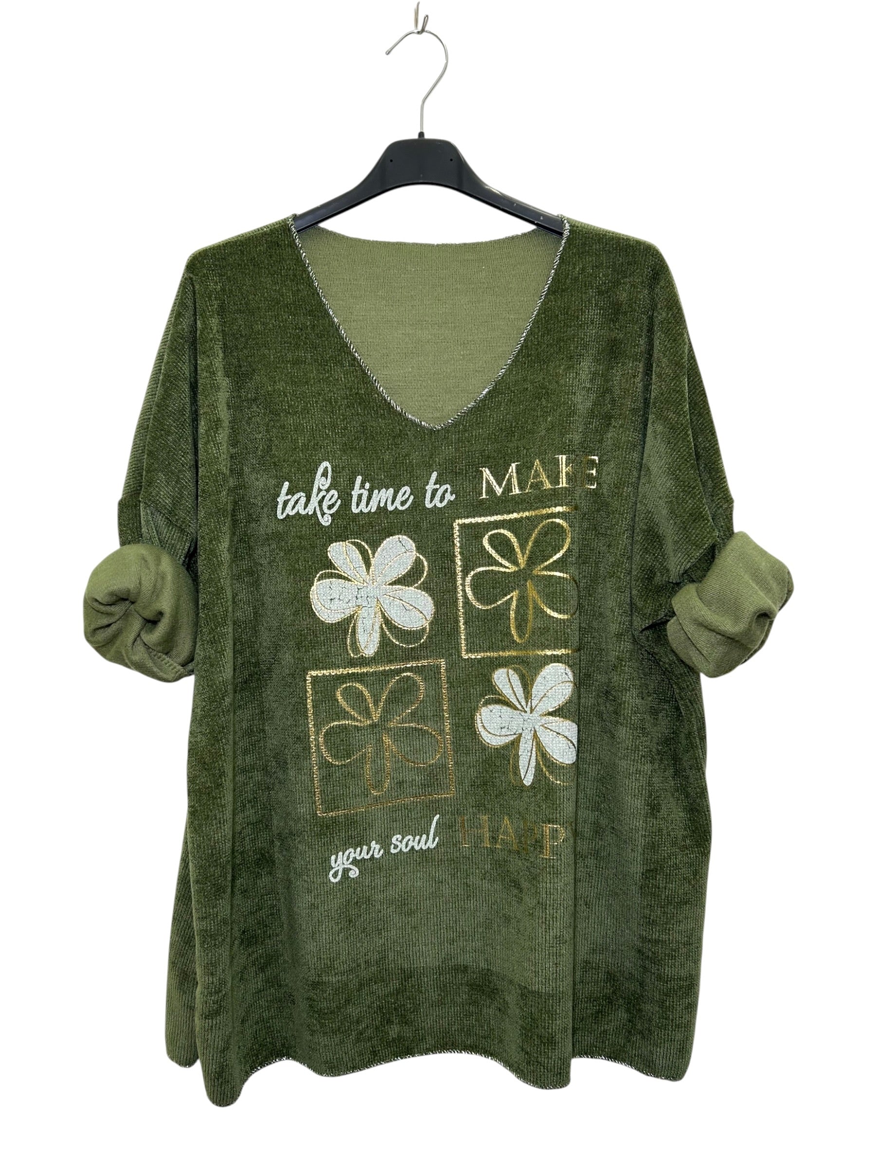 VM22 Khaki Floral Graphic V-Neck Velvet Top