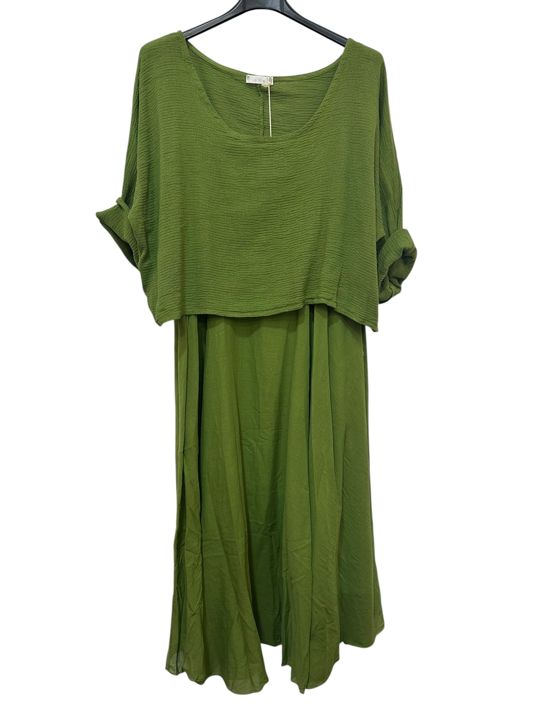 VC2PCSOLI Cotton Two-Piece Midi Dress Set Olive Green